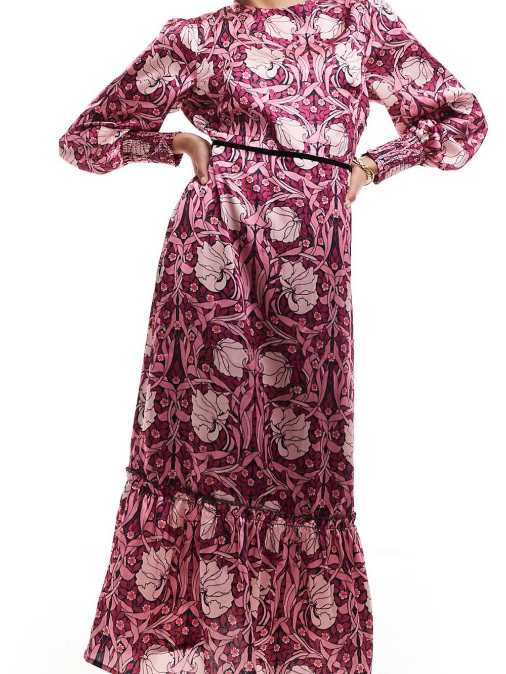 Elegant Pink Floral Maxi Dress with Long Sleeves